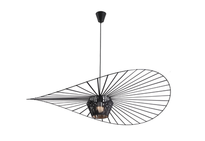 Zwarte hoedlamp met elegante, vloeiende lijnen voor een modern interieur.